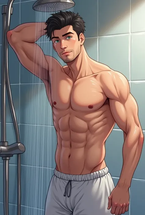 Anime gay abs taking a shower while naked with his big cock exposed