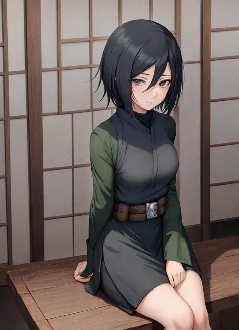 Anime character sitting at a table, Professor of the anime Naruto,  40-year-old woman,  short black hair,  black eyes ,  full body portrait.