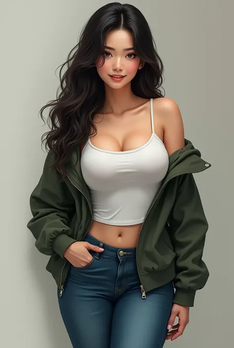 realistic busty hot short Japanese woman smiling with black long wavy hair and a sharp jaw and thick hips, big butt, and small ankles. Wearing a dark green unzipped jacket, Skinny jeans, and a white tank top.
