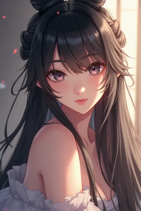 (  : 1.5), cord, Love, Hanfu, ( masterpiece, side light, Delicate and  beautiful gray eyes: 1.2),  masterpiece,  realistic ,  bright eyes , Shiny hair,  dark hair,  long hair,  shiny leather, Alone, strange,  strapless , Delicate,  beautiful, garden, flore...