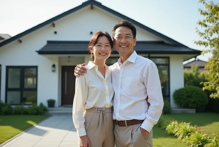 A joyful Japanese couple in their late 40s standing together in front of their newly built single-family home, smiling warmly at the camera. The husband is dressed in a neat and casual outfit, such as a collared shirt and trousers, while the wife wears an ...