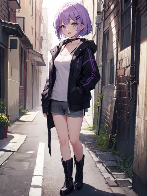  One girl , solo, Purple Hair,  bob hair, Beautiful breasts, medium breasts, white tank top,Grey shorts, black choker,Black belt, black jacket , hair clip, brown boots ,Slanted Eyes, Light purple eyes, open your mouth slightly ,smile, happy/joy,  standing,...