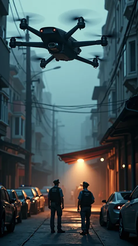 " An unidentified drone above a police station in an urban neighborhood,  captured with lights off and a sophisticated technological design , while police officers point to the sky with flashlights ."