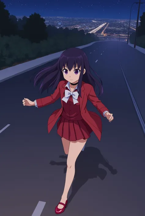  masterpiece ,  best quality,, maruzensky (Uma Musume),, Fibilis , red coat, pleated skirt, red skirt,  long sleeves ,  choker ,  red shirt,  open coat, White bow, Open clothes , high heels, asphalt road, running, eye tracks, night sky, neon, From above,, 