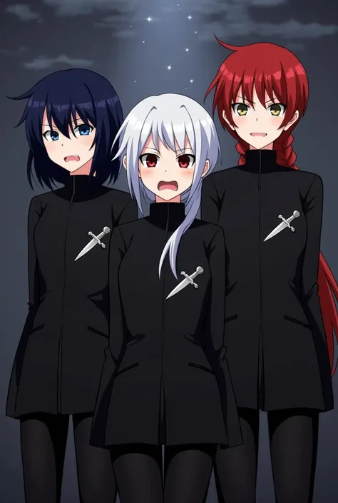 Three gem servents, one dark blue hair, second white hair, third red, black outfit with sword sticker, looking angry