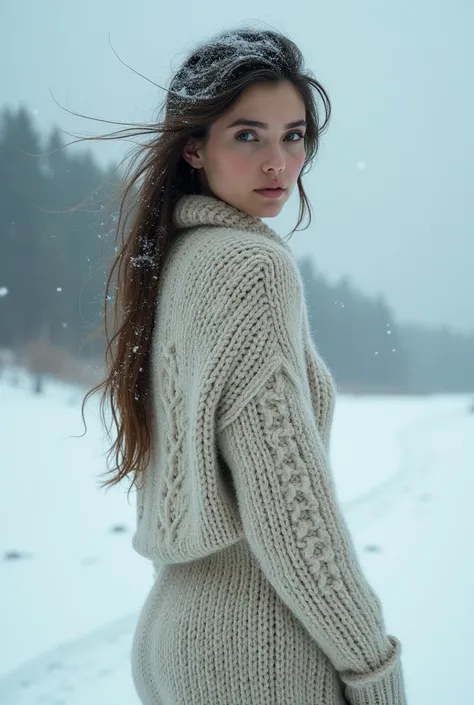 ，Doomsday scenario，A beautiful woman in a sweater， Standing on the snow ， beautiful figure