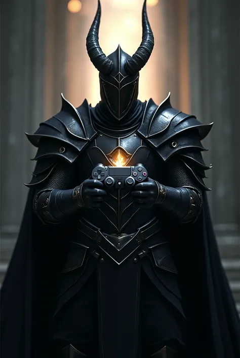 A Black Knight holding a PS4 controller while a big light comes out from behind the controller 