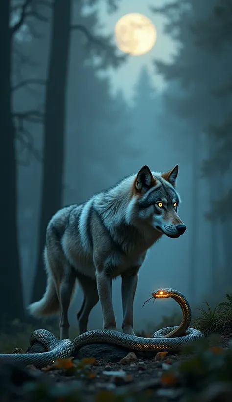 Here’s a prompt for your video based on this image:

**"In a misty moonlit forest, a majestic wolf with glowing golden eyes faces off against a coiled serpent with shimmering scales. The tension builds as the forest comes alive with subtle movements – leav...