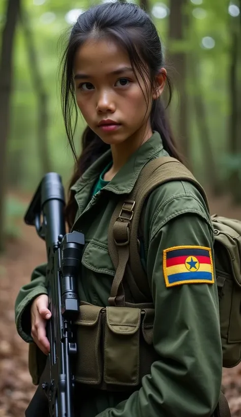 laos girl,25 years old,army clothes laos flag logo on her left arm and weapons,forest background