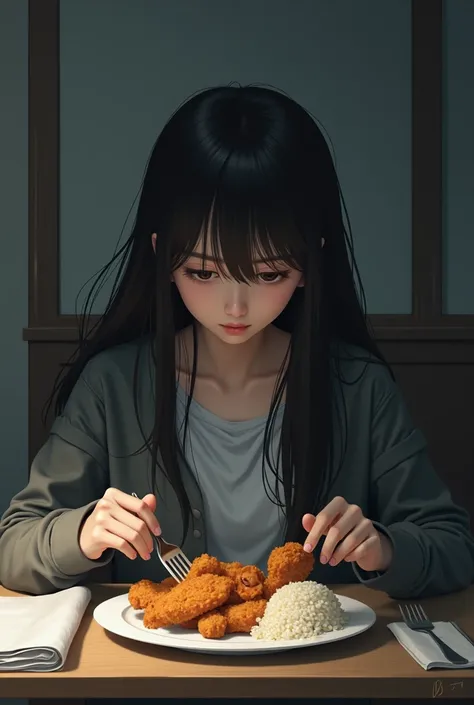 A long-haired girl is eating a meal in the form of fried chicken with rice. his face is gloomy. 