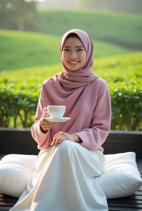 Modern stylish hijabs in modern style, beautiful woman Bugis smiling sweetly elegant style,pink colored,wearing a pink wool sweater ,wear a white skirt,Elegant stylish sitting holding a coffee cup on a large sitting pillow of white color, on the terrace fl...