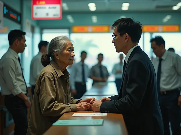 An elderly Vietnamese woman, dressed in simple, worn-out clothes, standing at a modern bank counter in Vietnam. Her face reflects resilience and sorrow while holding an old savings book. Around her, sharply detailed Vietnamese bank employees and customers ...