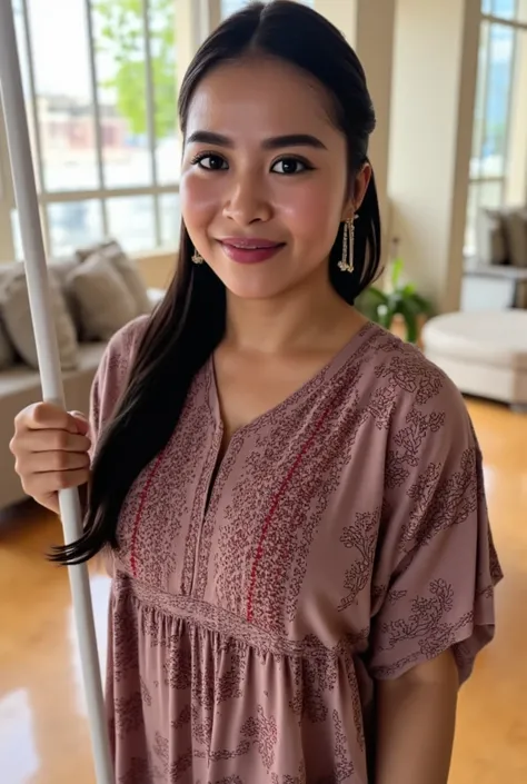 A beautiful indonesian woman, tied hair, wearing inticate pattern daster, mopping floor at the living room, bright morning, look at the viewer, natural light, hyper detailed flaws skin, sweaty, 