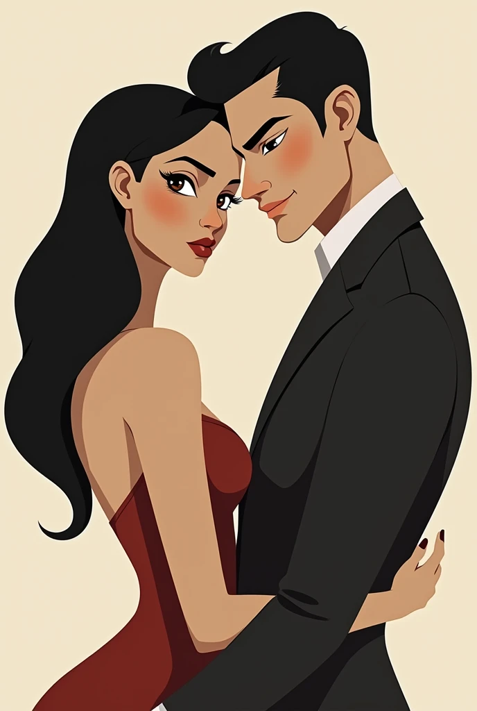 A Branz-style couple the girl with black hair, smooth and long, with an oval face with brown eyes ,  half-ripped eyes with a curved body hourglass .
 A tall girl with oval brown eyes , bushy eyebrows, ELONGATED FACE, Slim body, He doesn&#39;t have a beard 