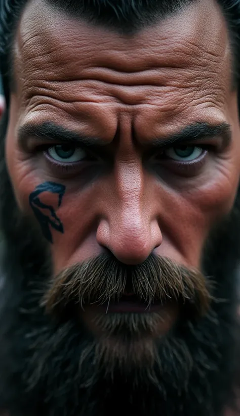 UHD, 4k, ultra detailed, cinematic, a photograph of  A perfect photo of a close up of a barbarian man with a serious look,solo,looking at viewer,1boy,brown eyes,closed mouth,male focus,facial hair,scar,thick eyebrows,portrait,beard,close-up,realistic,manly...