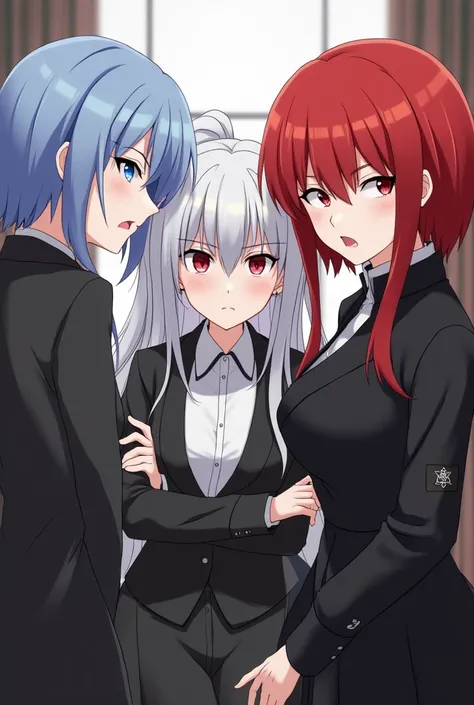 Three female servents, one light dark blue hair look like rich business girl, second white hair look like leader powerful, third red look like smart, black outfit with sword sticker, looking angry