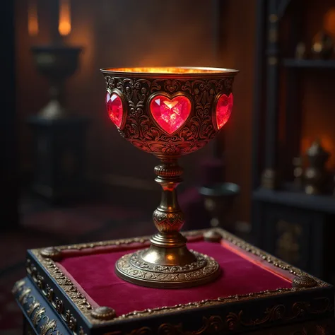 A medieval cup made of black gold ,  adorned with rubies that seem to pulsate like a heart.