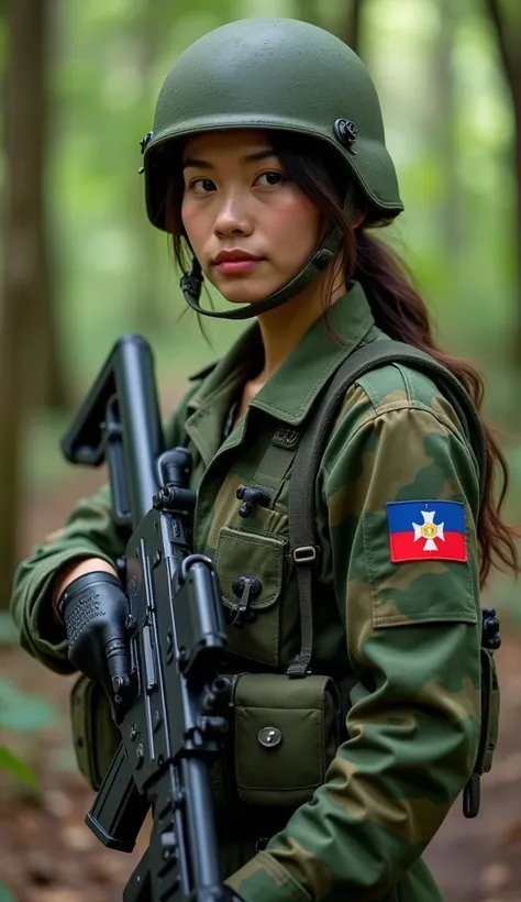 female laos soldier,30 years old,army clothes laos flag logo on her left arm and weapons,forest background