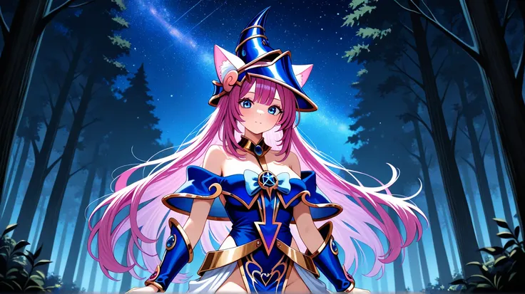 ⠀A teenage girl with long pink-purple hair that falls below her shoulders, bangs on the sides and striking blue eyes. She is dressed in a fantasy magician outfit in purple, white and blue shades, and on her head is a hat with cat ears. She uses an ice spel...