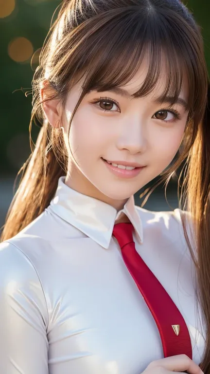 Two girls standing in the fall schoolyard , long-sleeved white latex unitards and white compression long pants, red tie,18 years old,bangs,Smile a little, low ponytail 、face-closeup、
Huge 、  long brown hair 、Sparkling,  oily skin 、 Glowing Skin、 white skin...