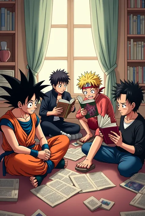 son goku ,Ruffy ,Naruto ,Yami Yugi reading each others manga .  Luffy should lie on her stomach read her feet up in the air 