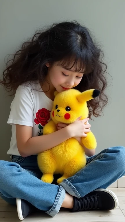 create an  side view of a beautiful Korean  girl with curly black hair, she is wearing denim long and a red rose white T-shirt  and black sneakers. She is sitting on a floor holding a yellow  fluffy pikachu terrier and giving her cuddles, muted background.