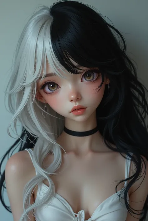 ((( an androgenic girl ))) with black-white hair,  beautiful black-white haired girl ,  detailed hair , flowing black-white hair , light cabelo brnco, beautiful art,  long hair , digital painting ultra realistic, ross tran 8 k, mini breasts , Very very sma...