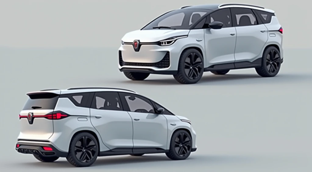 Long futuristic electric minivan mpv, offroad wheels, front view and rear view of the vehicle