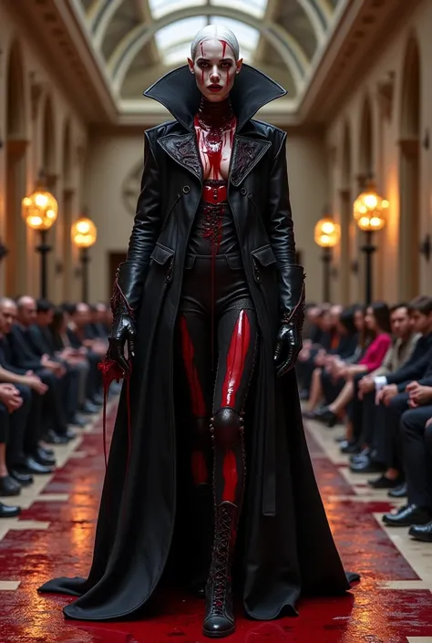  a blood vampiric blood dripping tall vampire wearing red wine dripping rick Owen’s outfit in a museum fashion runaway