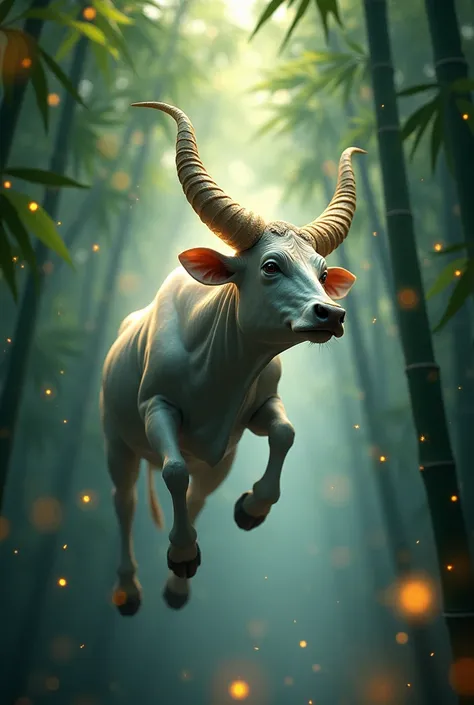 a cow with horns flying through a magical bamboo forest, hyper detailed, photorealistic, vivid colors, fantasy landscape, mystical atmosphere, cinematic lighting, dramatic composition, surreal, magical realism
