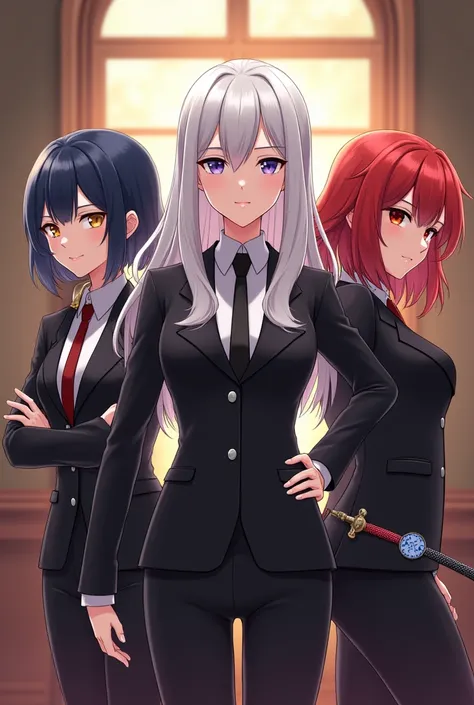 Three female servents, one dark blue hair look like rich business girl cute, second white hair look like powerful leader and older, third red look like smart, black outfit with sword sticker, looking straight angry. 