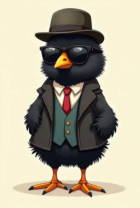 A little black chick with a coat, a suit, sunglasses and a cap.