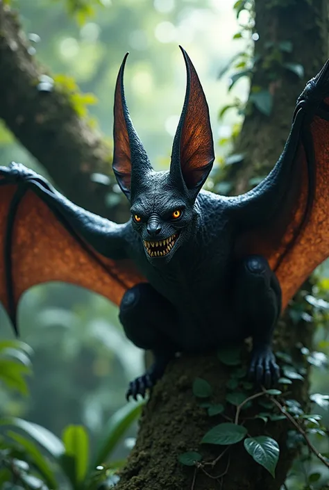 Generate a hyper realistic image of a black colored wild monster bat with 2 different heads and 4 wings sitting on top of a tree in a jungle
