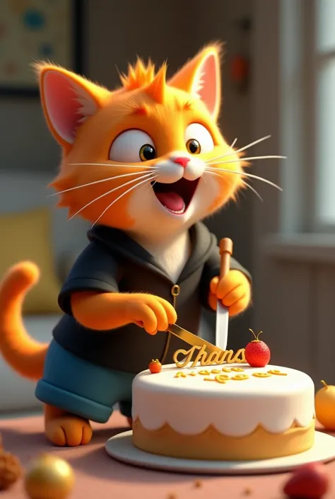 Generate a high quality 3D image:An orange cat wearing black shirt and blue pant and cutting a cake and Thanks for 400 subscribers are written on the cake in the house 