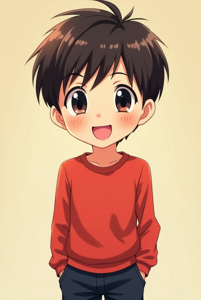 Anime boy, dark brown hair, black eyes, red shirt, long sleeves, black blue shorts, smiling