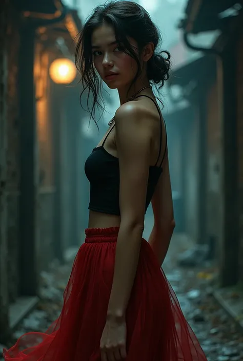 Beautiful girl with incredible shapes with a scared skirt and has red cheeks on the street in a dark alley