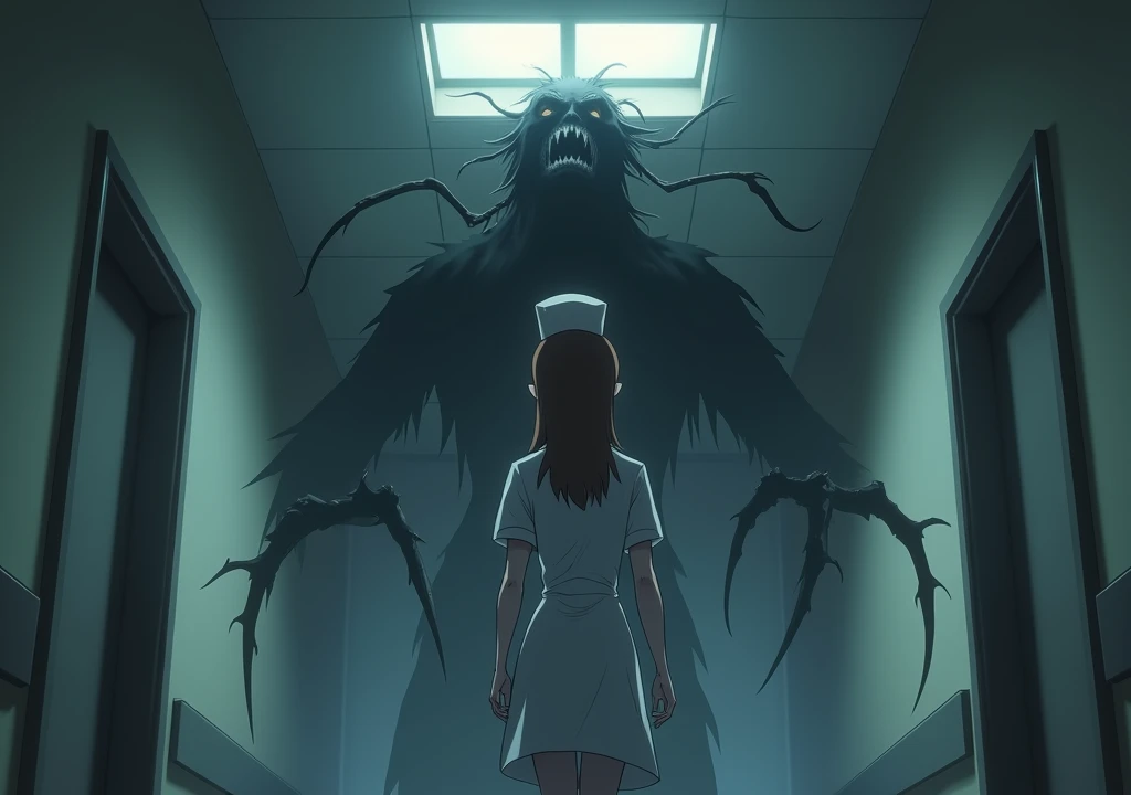  a frightened nurse in a white uniform in a hospital with a creepy macabre spirit behind her. I want a very scary image for the cover of my dark YouTube channel in an anime tone. scariest image .