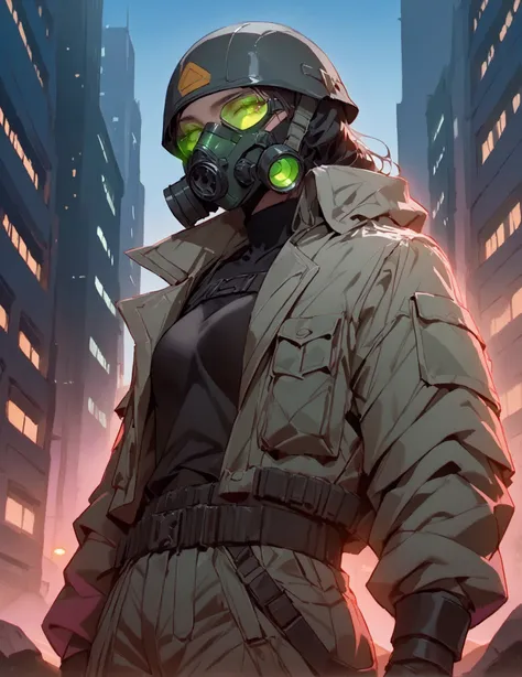 masterpiece, newest, absurdres, safe, high detailed, masterpiece. high detailed, male, Male, black helmet, green lenses gas-mask, grey coat, black shirt, and baggy cargo pants. Faceless, mechanical features like mask and limbs. Post-apocalyptic ruined city...