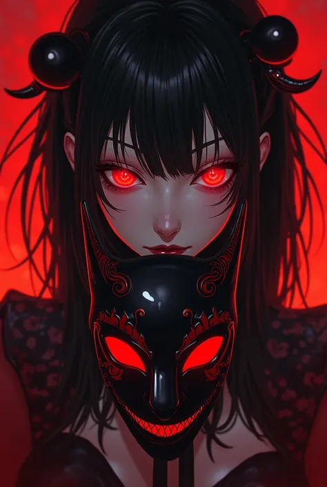 a woman in a black and red outfit holding a hannya mask, stunning anime face portrait, guweiz art, glowing red eyes, red glowing eyes, masterpiece by guweiz, extremely detailed, 8k, high quality, photorealistic, intricate details, dramatic lighting, vibran...