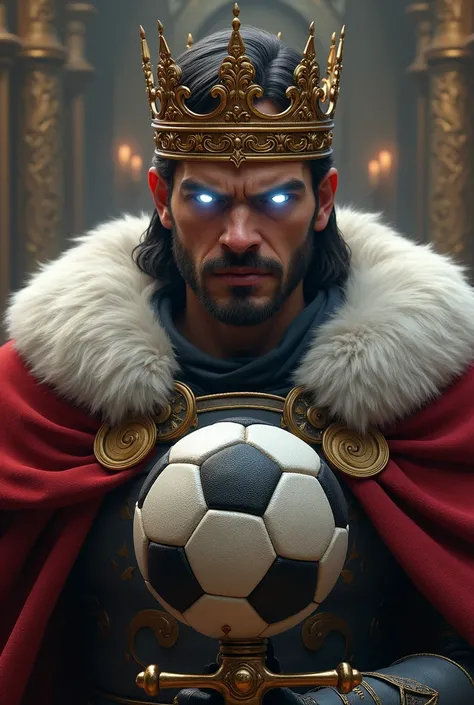 A prince with a crown with white eyes , with angry gesture ,  with a sword in his free hand and an animated soccer ball for logo