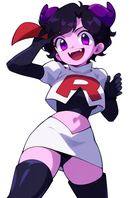 jellybean_yt, solo, looking at viewer, smile, short hair, open mouth, black hair, 1girl, white background, purple eyes, female focus, horns, teeth, colored skin, fangs, team rocket,team rocket uniform,white skirt,red letter R,crop top,black thigh-highs,bla...