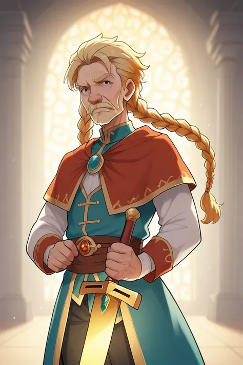 A 25-year-old man with blond hair and braids, with a big golden sword 