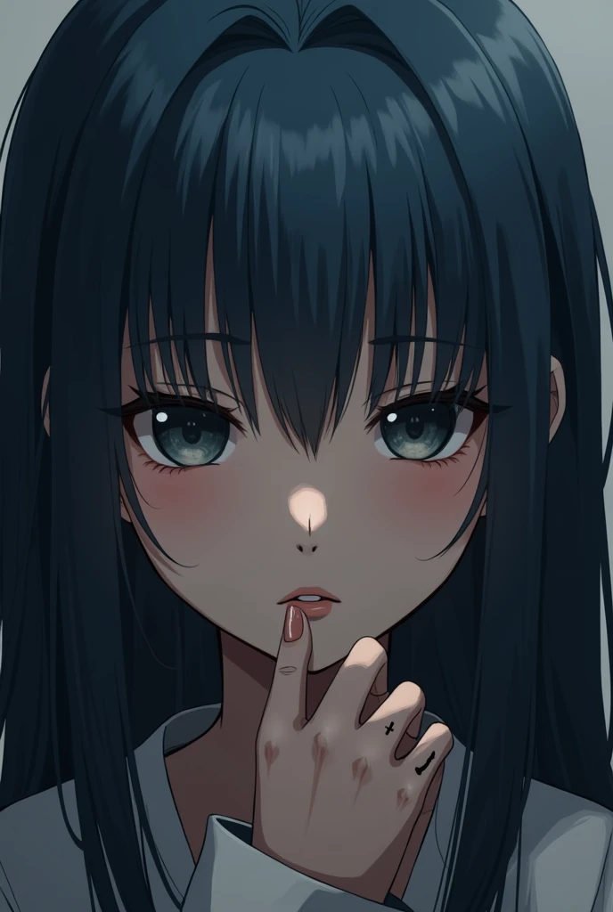 Anime character a dark-skinned girl with long straight bluish dark hair and night-black eyes with scars on her hand in a melancholy image composition