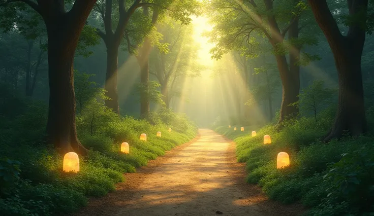  "A serene, spiritual path through a forest, with glowing stones or symbols placed along the way. These stones symbolize lifes challenges and lessons. The path is bathed in soft golden light, guiding the way. The surroundings are peaceful yet mysterious, h...