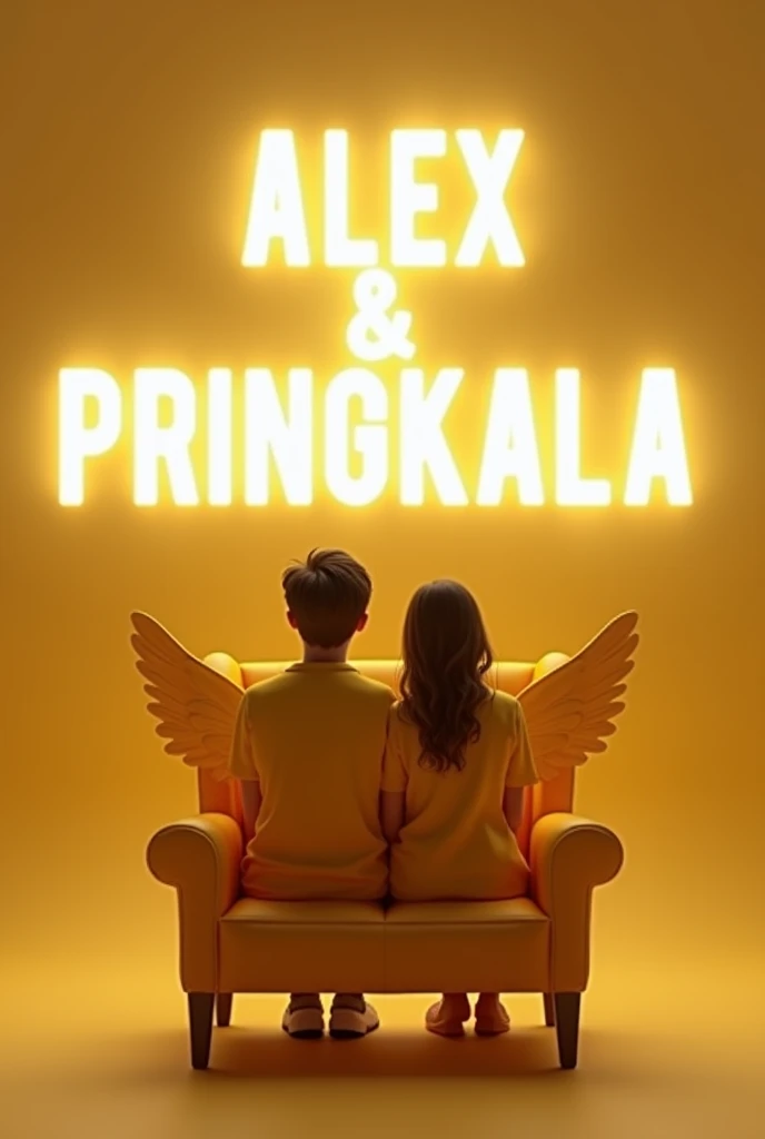 Create a 3d realistic image where a couple in YELLOW casually on a wingback chair, look ahead the background features "ALEX & PRINGKALA in big and capital WORM LIGHT glowing fonts on the white lighting wall. There should not be shadow, and wings should be ...