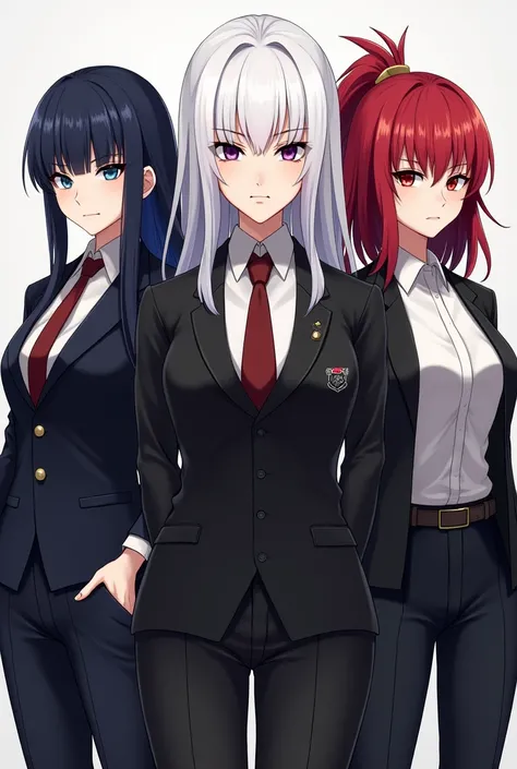 Three female servents, one dark blue hair look like rich business girl cute, second white hair look like powerful leader and older, third red look like smart, black outfit with big sword sticker, looking straight angrily. 