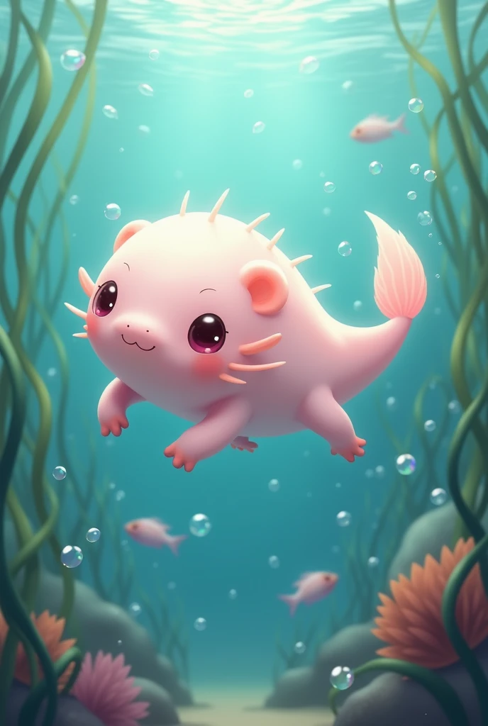 Pale pink axolotl underwater