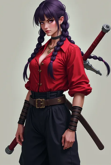  a woman with two dark purple braids that go up to her shin, with purple eyes,  wearing a red blouse with black bands,  loose black pants , standing, turned sideways with a sword flying behind her