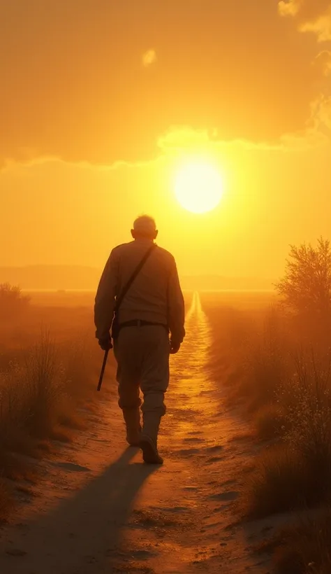 "The old man with his back ,  walking toward a bright horizon ."