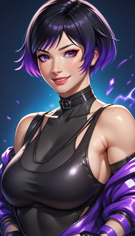 score_9, score_8_up, score_8_up,
reina mishima, reina mishima (tekken),reina mishima outfit (tekken), 1girl, solo, breasts, looking at viewer, smile, short hair, large breasts, black hair, gloves, bare shoulders, purple eyes, jacket, upper body, purple hai...